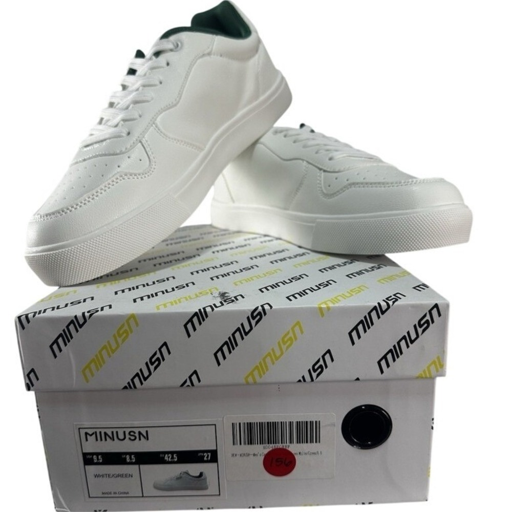 Minusn Casual Men's White Sneaker Shoe White With Green Accent Size 9.5